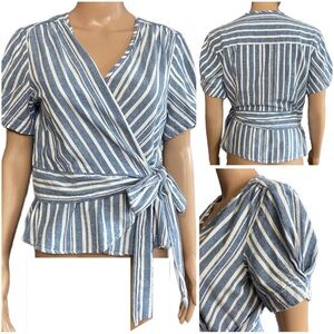 Max Studio Striped Wrap Peplum Linen Cotton Blouse Top Sz Large
